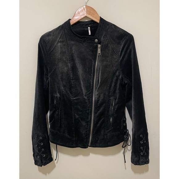 Free People Jacket Size Medium Lace-Up Sleeves Velvet Moto Jacket Romantic - Picture 7 of 16